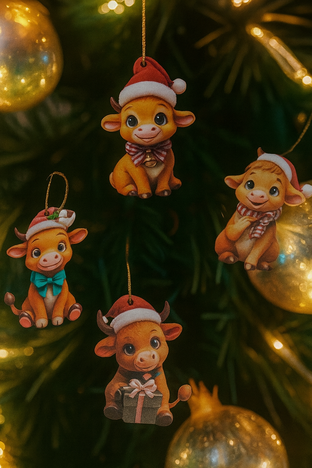 Festive pack of 9 highland cow tree decorations